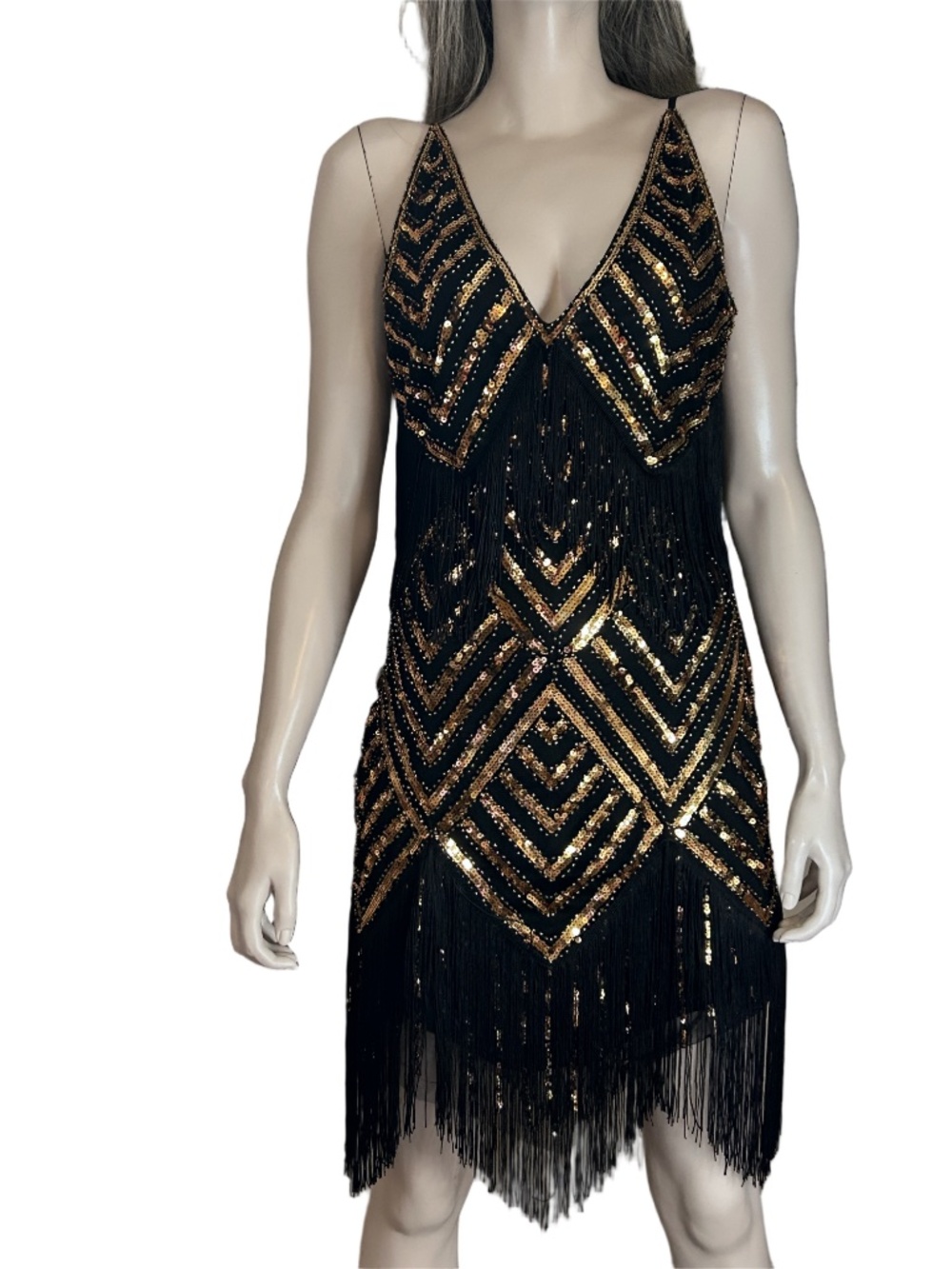 Babeyond Art Deco Flapper Dress Sequins Geometric Fringe Vintage Inspired NWOT